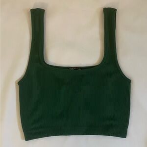 Zara Ribbed Green Cropped Tank Square Neck Sleeveless Size M-L